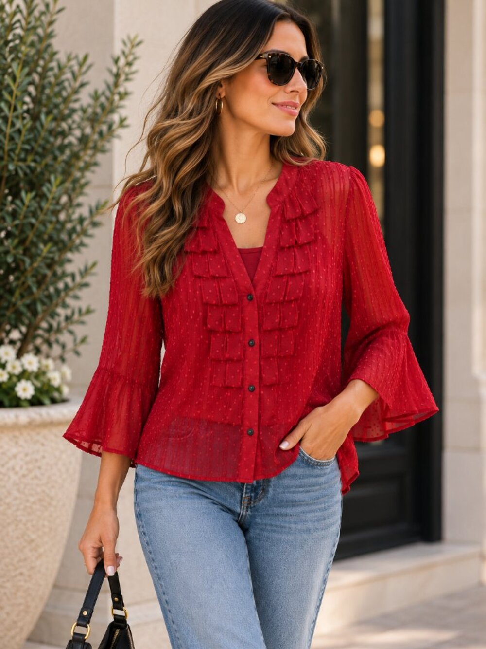 New York City Design Co Red Sheer Ruffle Blouse Large Swiss Dot Romantic Boho
